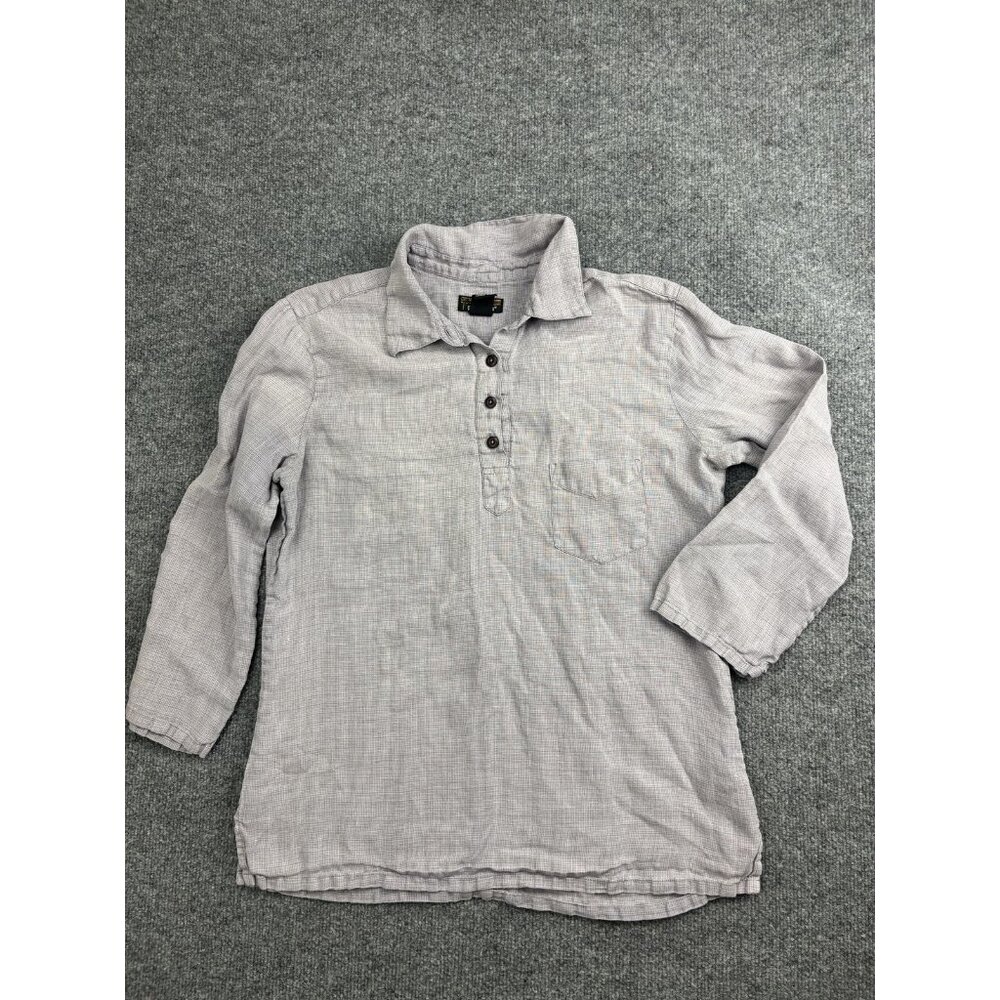 Vintage Pataloha Blouse Womens 10 Gray Check Collared 3/4 Sleeve Tunic Top